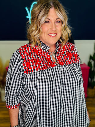 Plaid Top With Red Embroidered Floral