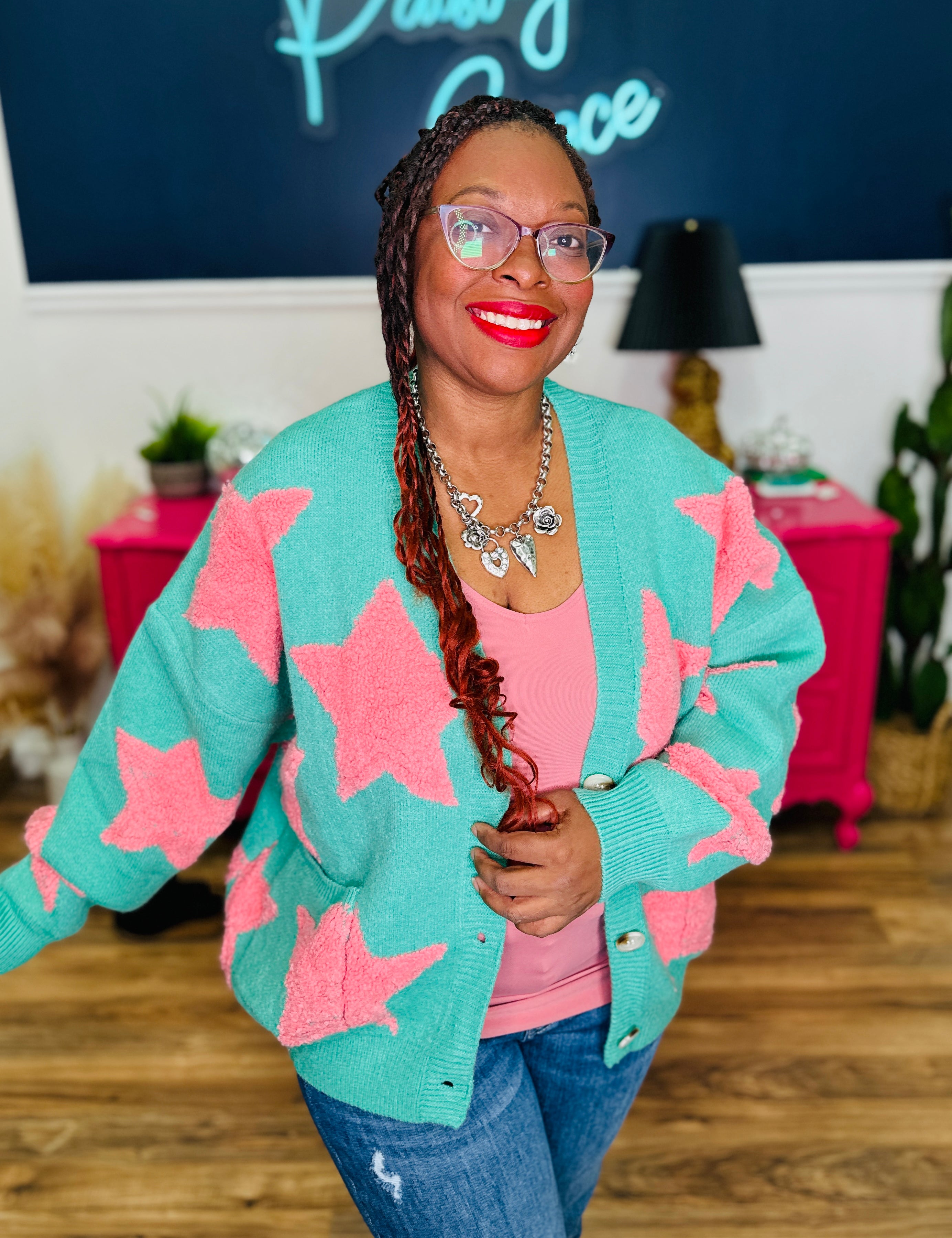 Fuzzy Knit Button Down Star Cardigan - LAST ONES FINAL SALE
