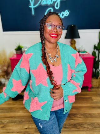 Fuzzy Knit Button Down Star Cardigan