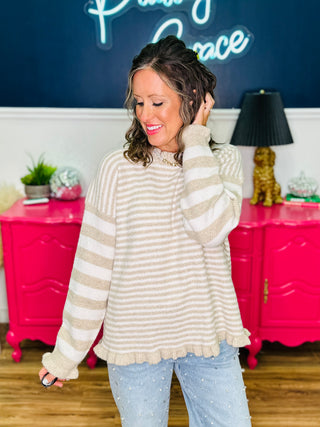 Lena Taupe Stripe Frill Hem Sweater