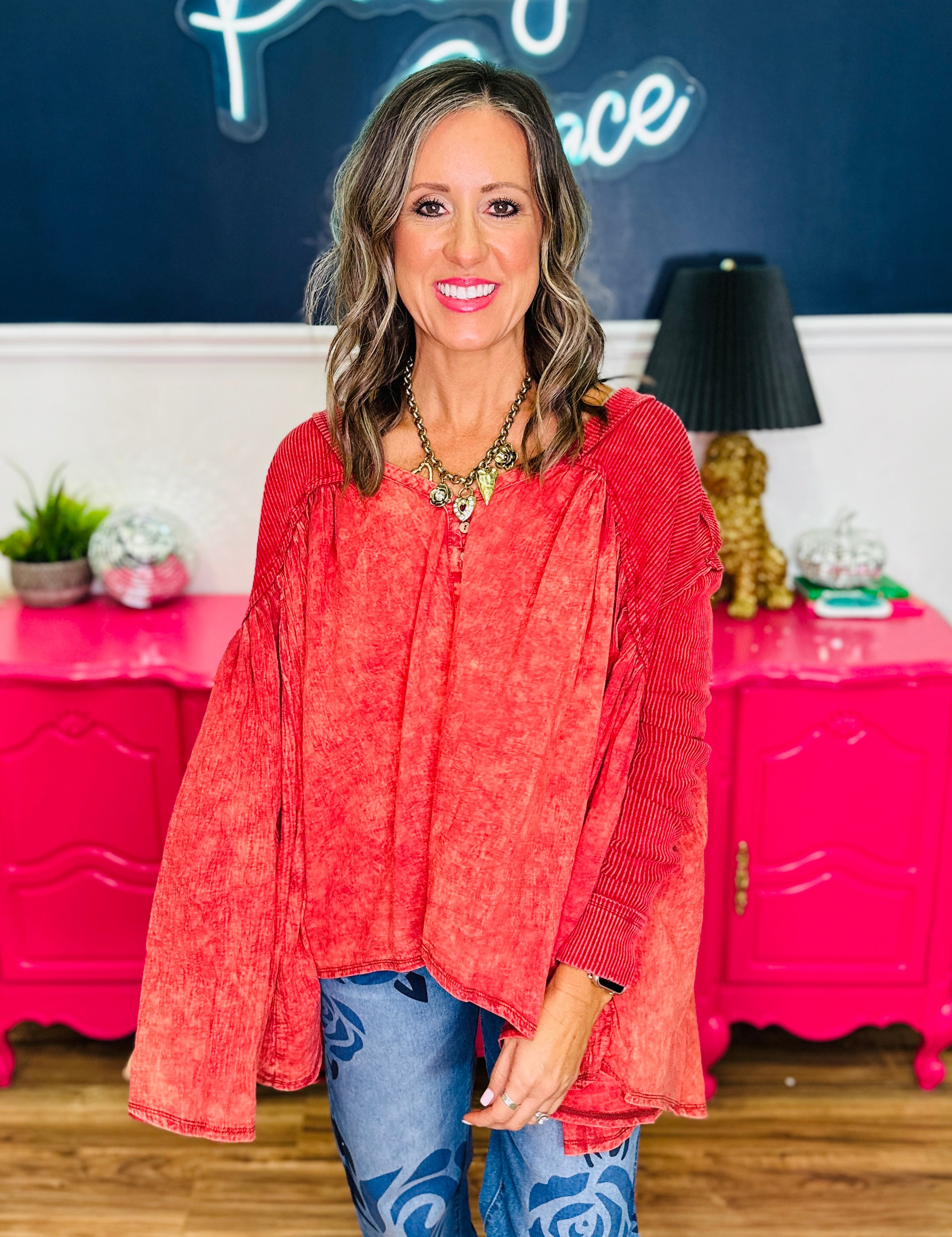 Washed Pleated Detail Long Sleeve Flare Tunic Top - LAST ONES FINAL SALE
