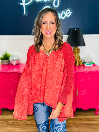 Washed Pleated Detail Long Sleeve Flare Tunic Top