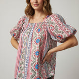 Patchwork Puff Sleeve Smocked Top
