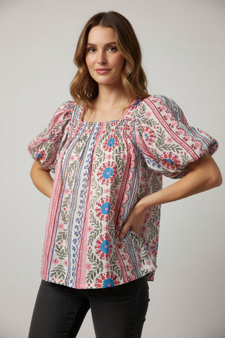 Patchwork Puff Sleeve Smocked Top