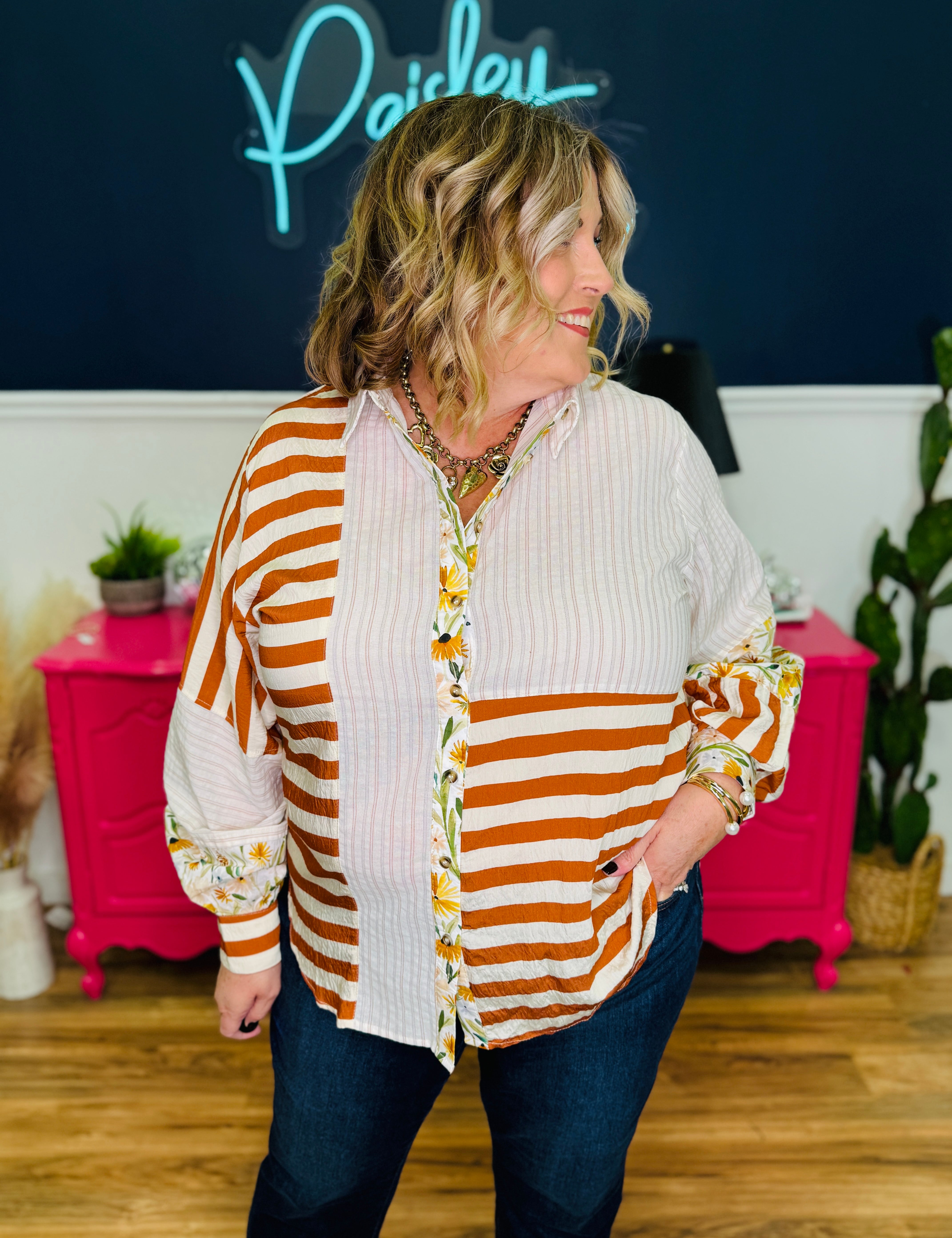 Mixed Print Button Down Top - LAST ONES FINAL SALE