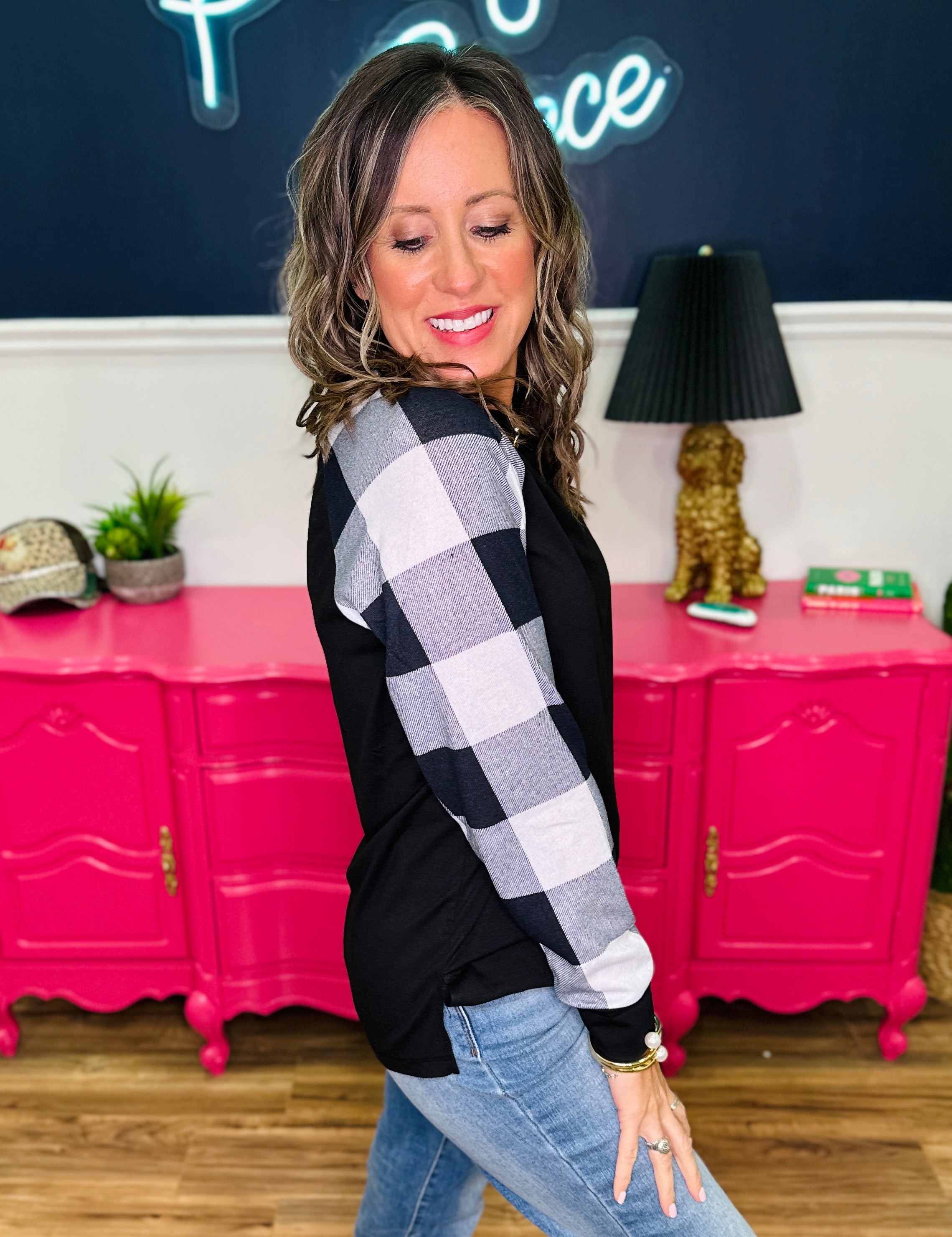 Black Top With Ivory Plaid Long Sleeves - FINAL SALE