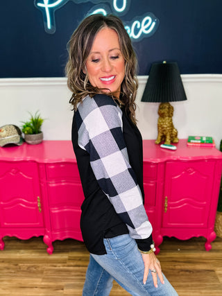Black Top With Ivory Plaid Long Sleeves