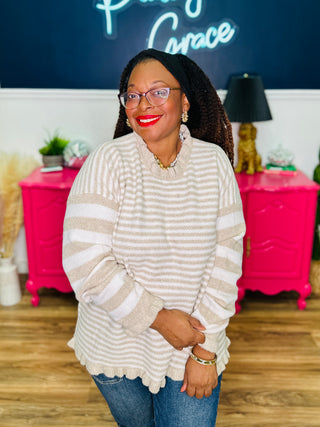 Lena Taupe Stripe Frill Hem Sweater
