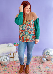 Retro and Ribbed Floral Color Block Top