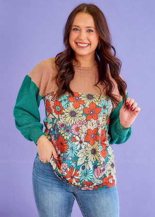 Retro and Ribbed Floral Color Block Top