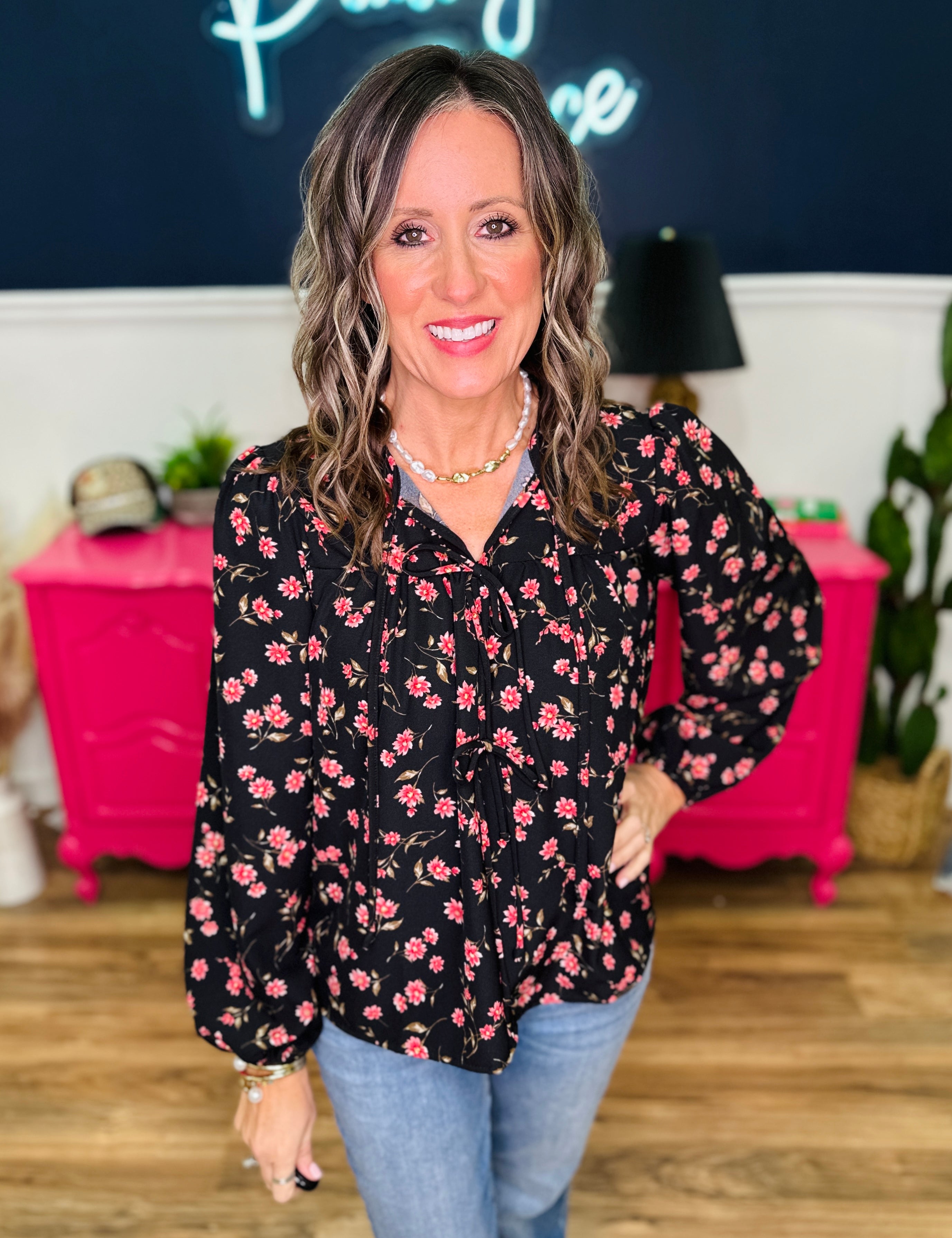 Floral Print With Front Ribbon Detail Top - FINAL SALE