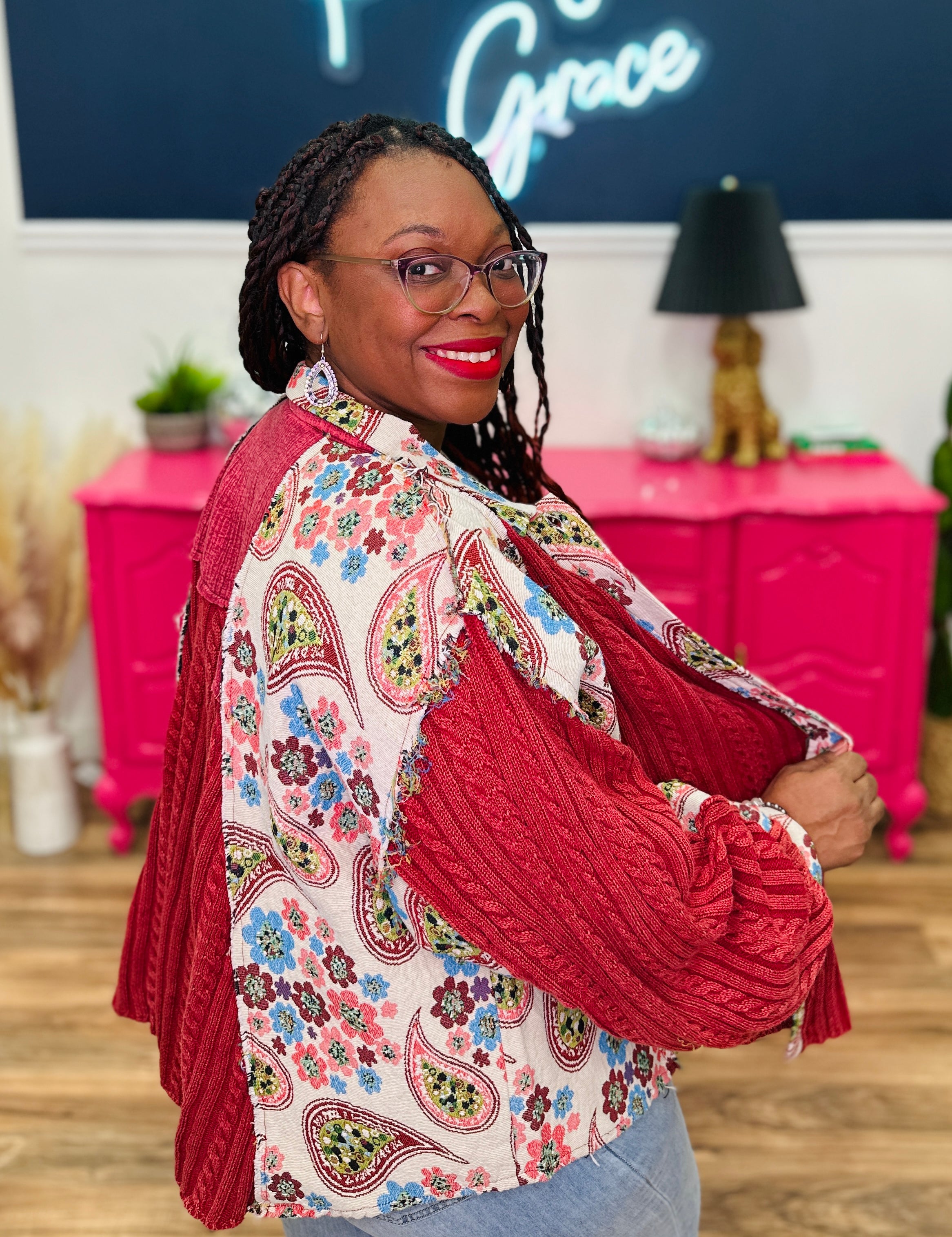 POL Balloon Sleeve A-Line Fit Top - Red Multi - LAST ONES FINAL SALE