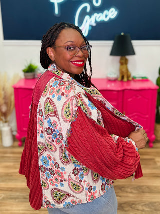 POL Balloon Sleeve A-Line Fit Top - Red Multi - FINAL SALE