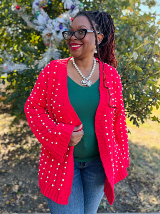 POL Long Sleeve Pearl Details Chenille Sweater Cardigan - Cherry Red