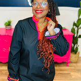 Black V-Neck Long Sleeve Blouse With Pink & Red Trim - FINAL SALE