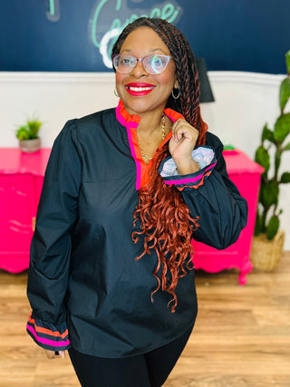 Black V-Neck Long Sleeve Blouse With Pink & Red Trim