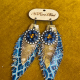Rare Bird Blue Crystal Leather Feather Earring #113 PREORDER