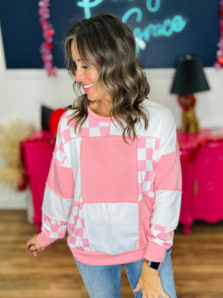 Checkered Print Patchwork Pullover Top