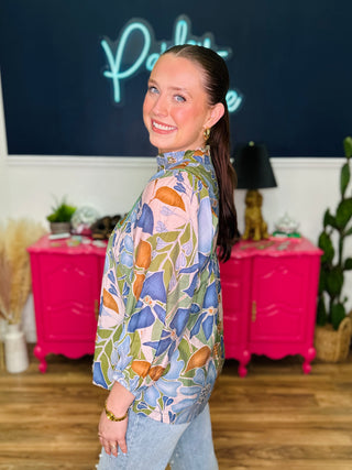 Abstract Floral Print Ruffle Neck Blouse