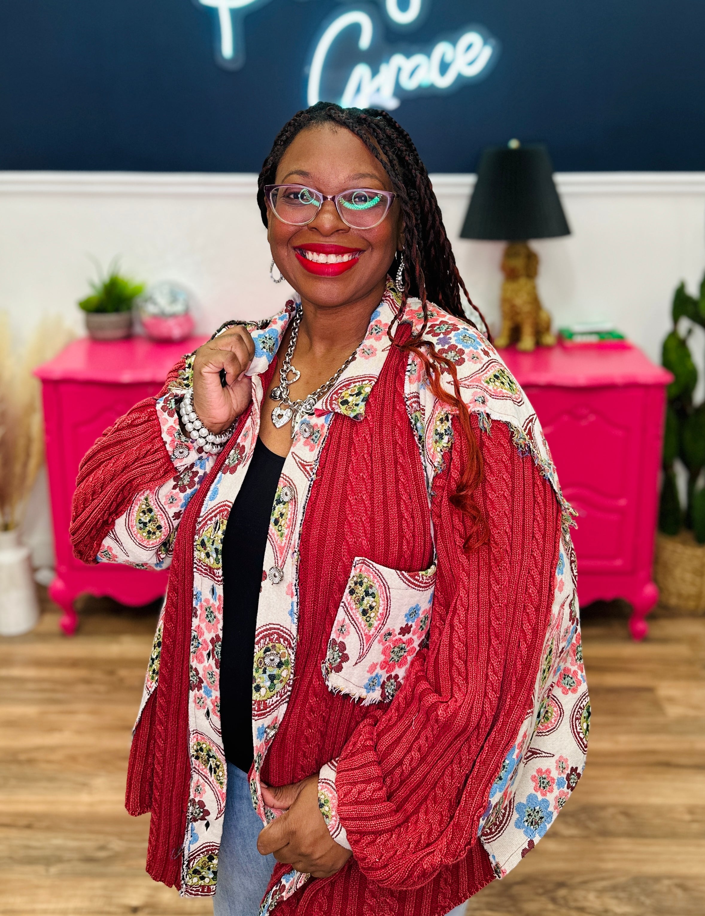 POL Balloon Sleeve A-Line Fit Top - Red Multi - LAST ONES FINAL SALE