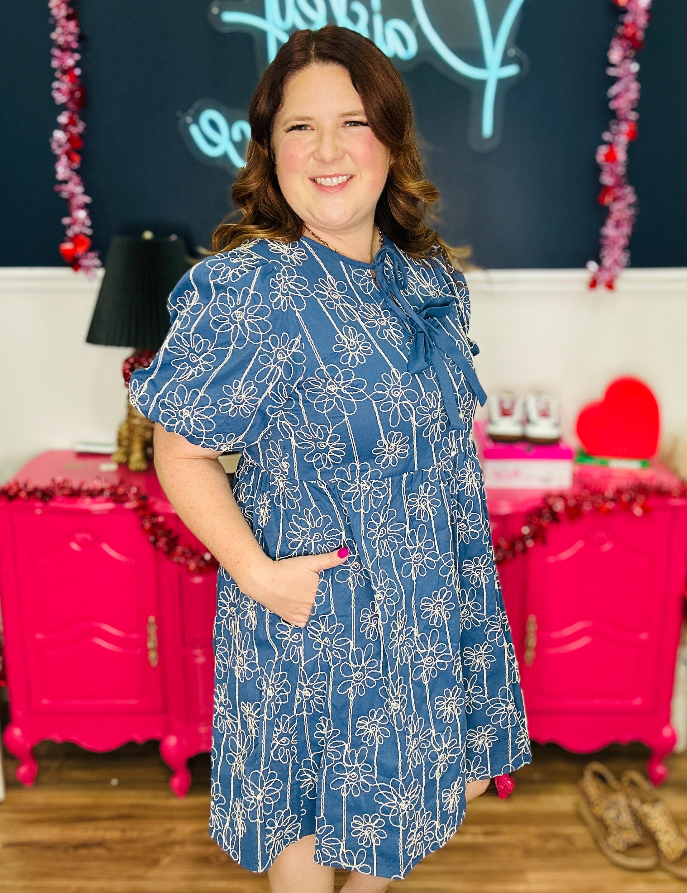 Textured Floral Print Bubble Sleeve Dress - FINAL SALE