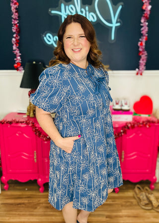 Textured Floral Print Bubble Sleeve Dress