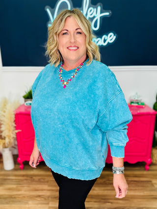 Petra Acid Wash Oversized Pullover - Lt Teal
