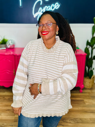 Lena Taupe Stripe Frill Hem Sweater