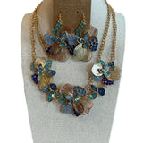 ATG Blue Crystal Gold Flower Necklace & Earrings