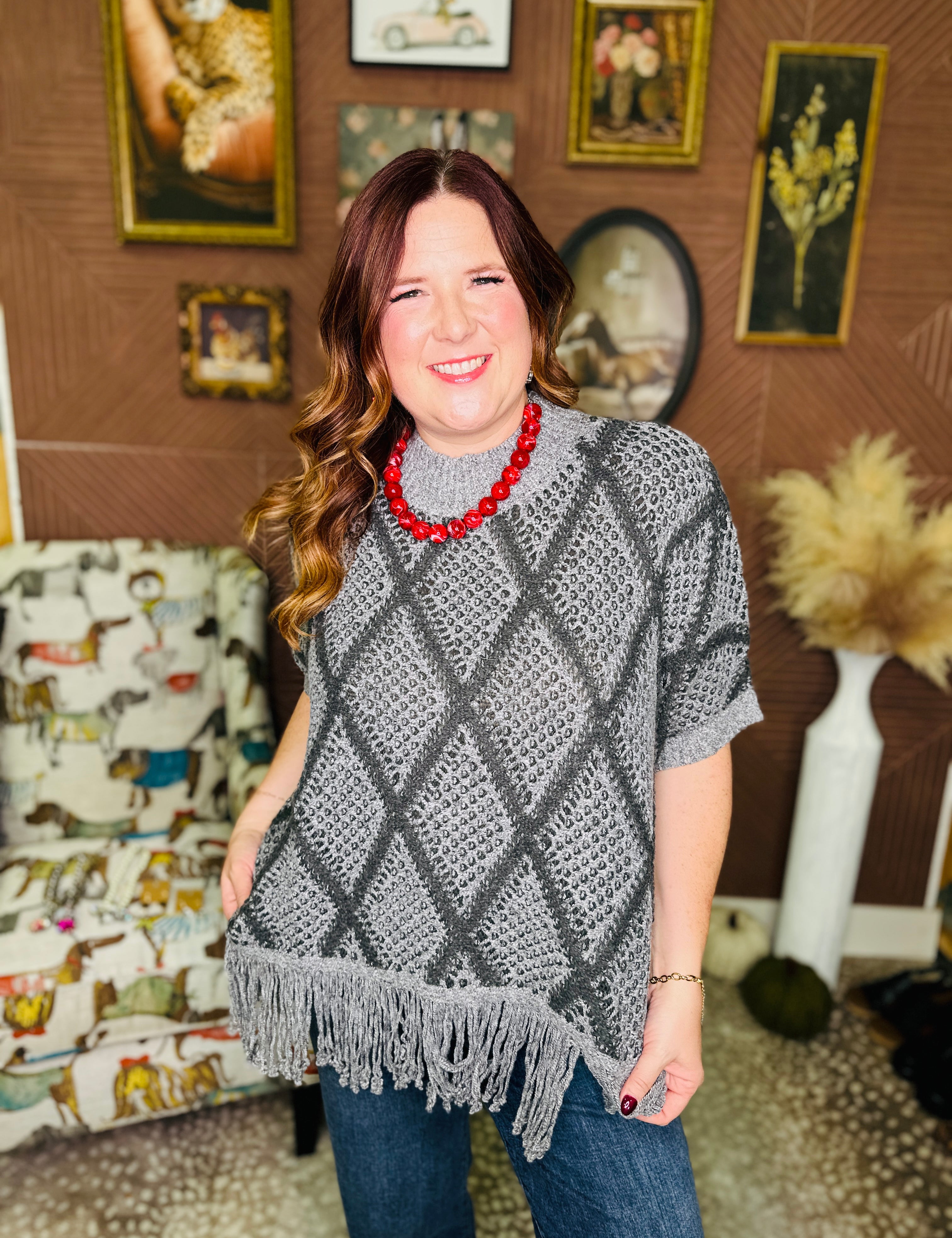 Sweater Poncho With Fringe Hem