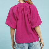 Seersucker Bubble Sleeve Scallop Top