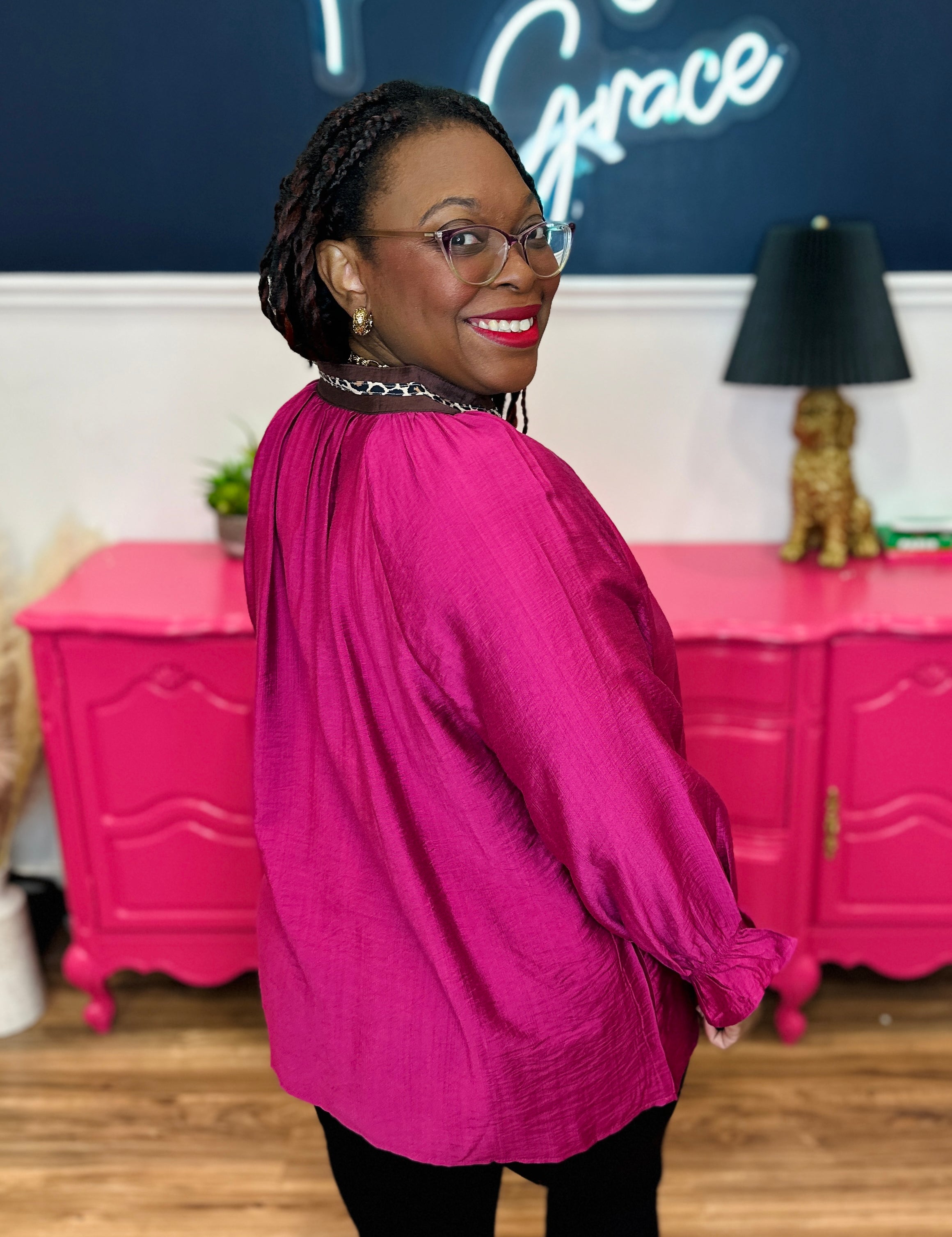 Smocked Sleeve Top With Leopard Detail Neckline - FINAL SALE