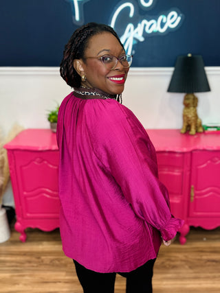 DEAL! Smocked Sleeve Top With Leopard Detail Neckline