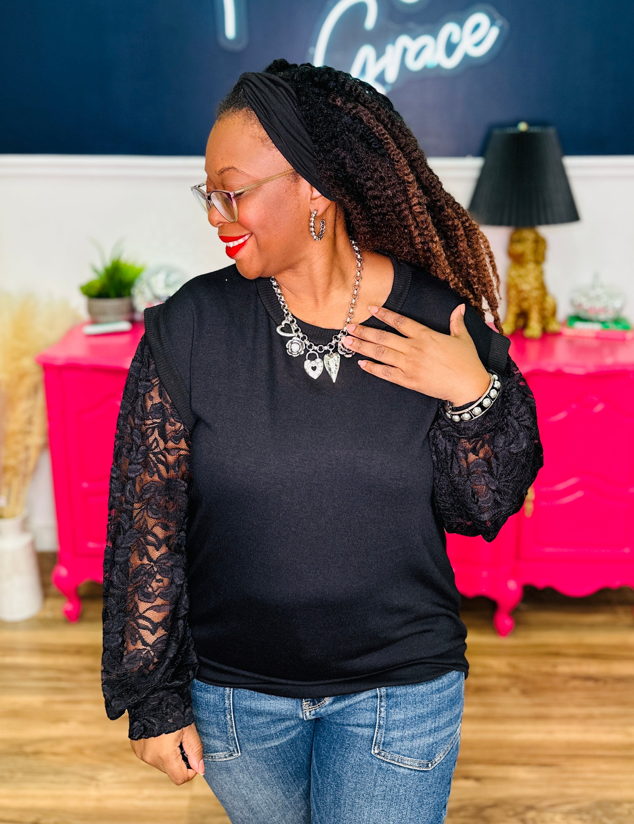 Vivienne Black Lace Sleeve Top - LAST ONES FINAL SALE