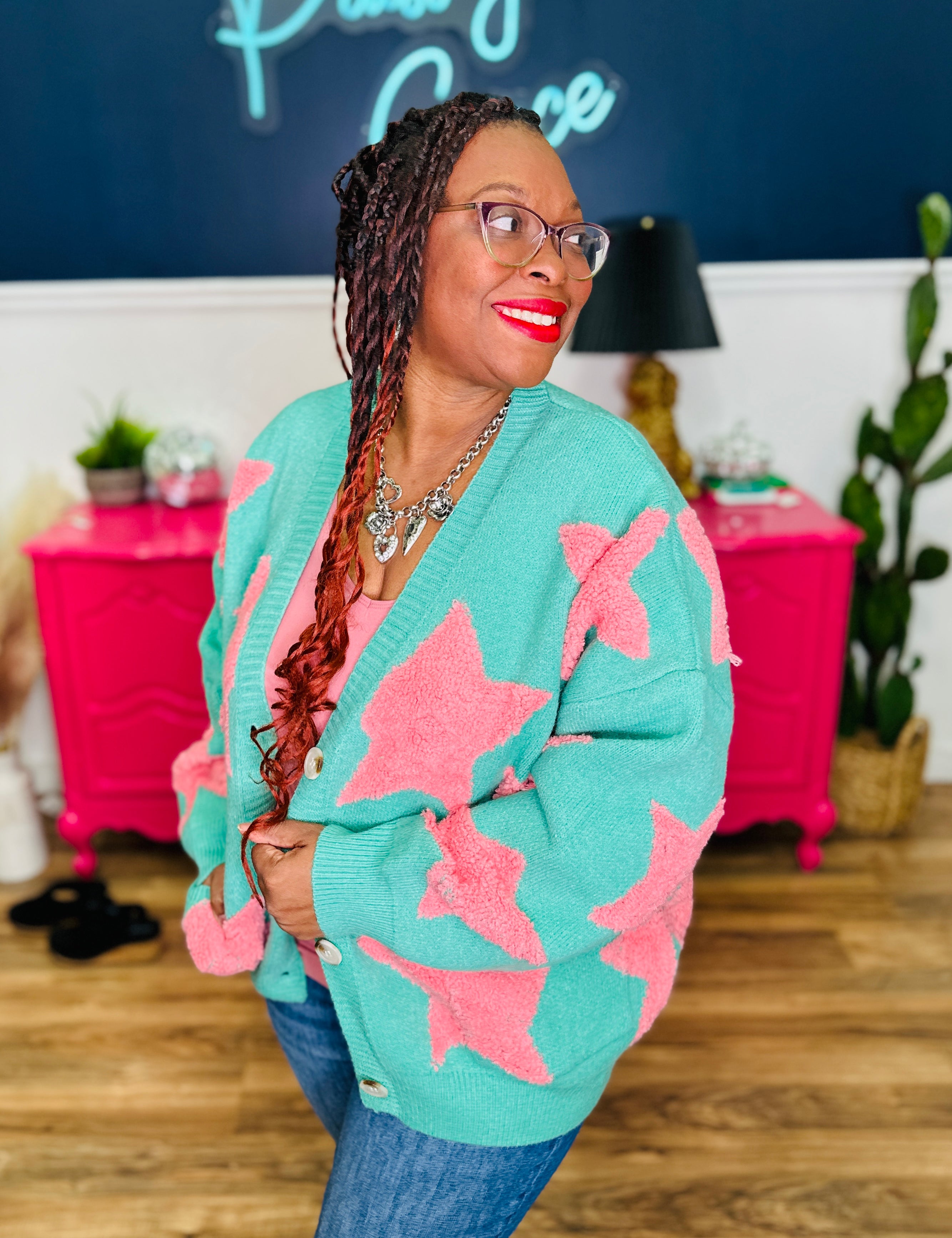Fuzzy Knit Button Down Star Cardigan - LAST ONES FINAL SALE
