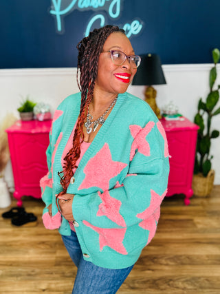 Fuzzy Knit Button Down Star Cardigan