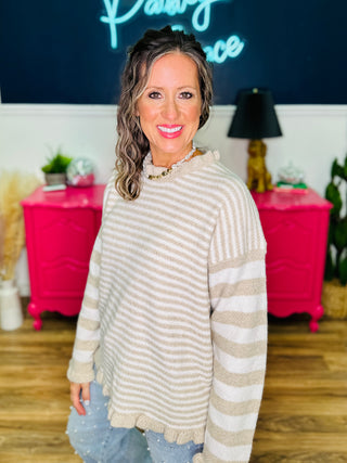 Lena Taupe Stripe Frill Hem Sweater