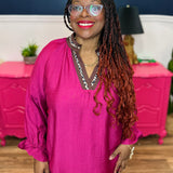DEAL! Smocked Sleeve Top With Leopard Detail Neckline - FINAL SALE