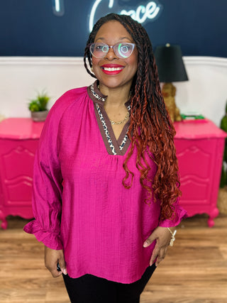 DEAL! Smocked Sleeve Top With Leopard Detail Neckline