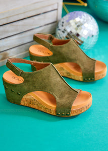 Carley Wedge Sandals - Olive Suede