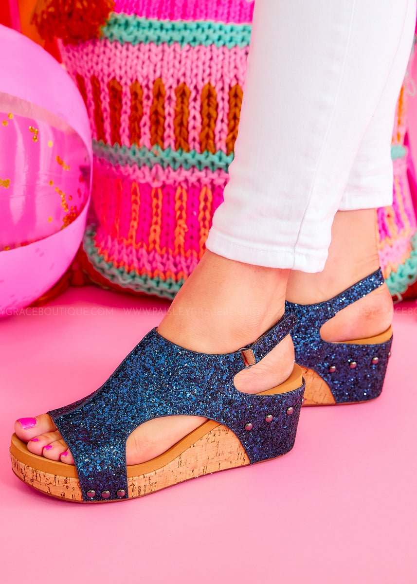 Carley Wedge Sandals by Corkys Navy Glitter Paisley Grace Boutique