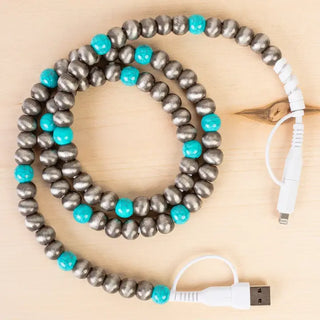 4-In-1 Beaded Charging Cable - Silver/Turquoise