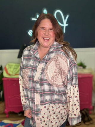 POL Peace Patch Balloon Sleeve Plaid Top