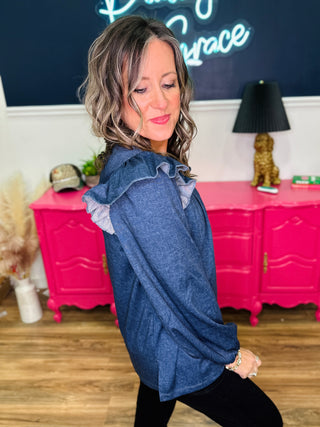 DEAL - Denim Style Ruffle Shoulder Long sleeve Top