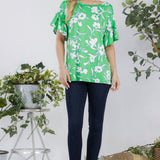 Print Top With Ruffle Sleeves - Green* FINAL SALE *