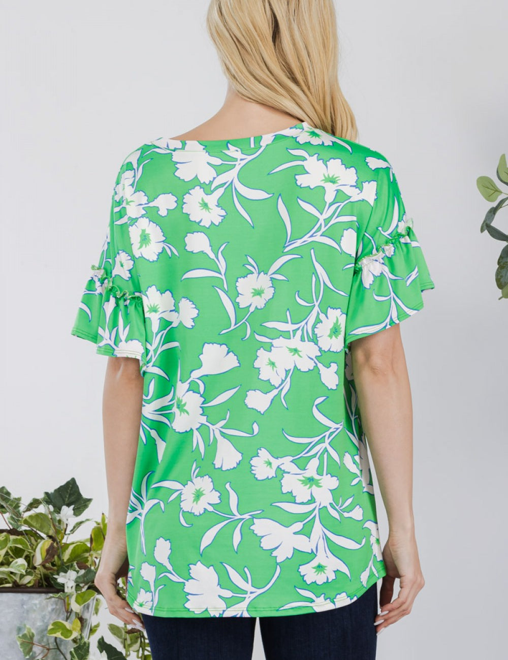 Print Top With Ruffle Sleeves - Green* LAST ONES FINAL SALE *