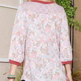 Leaf Pattern Contrast 3/4 Sleeve V-Neck Top - LAST ONES FINAL SALE