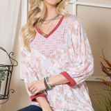 Leaf Pattern Contrast 3/4 Sleeve V-Neck Top - LAST ONES FINAL SALE