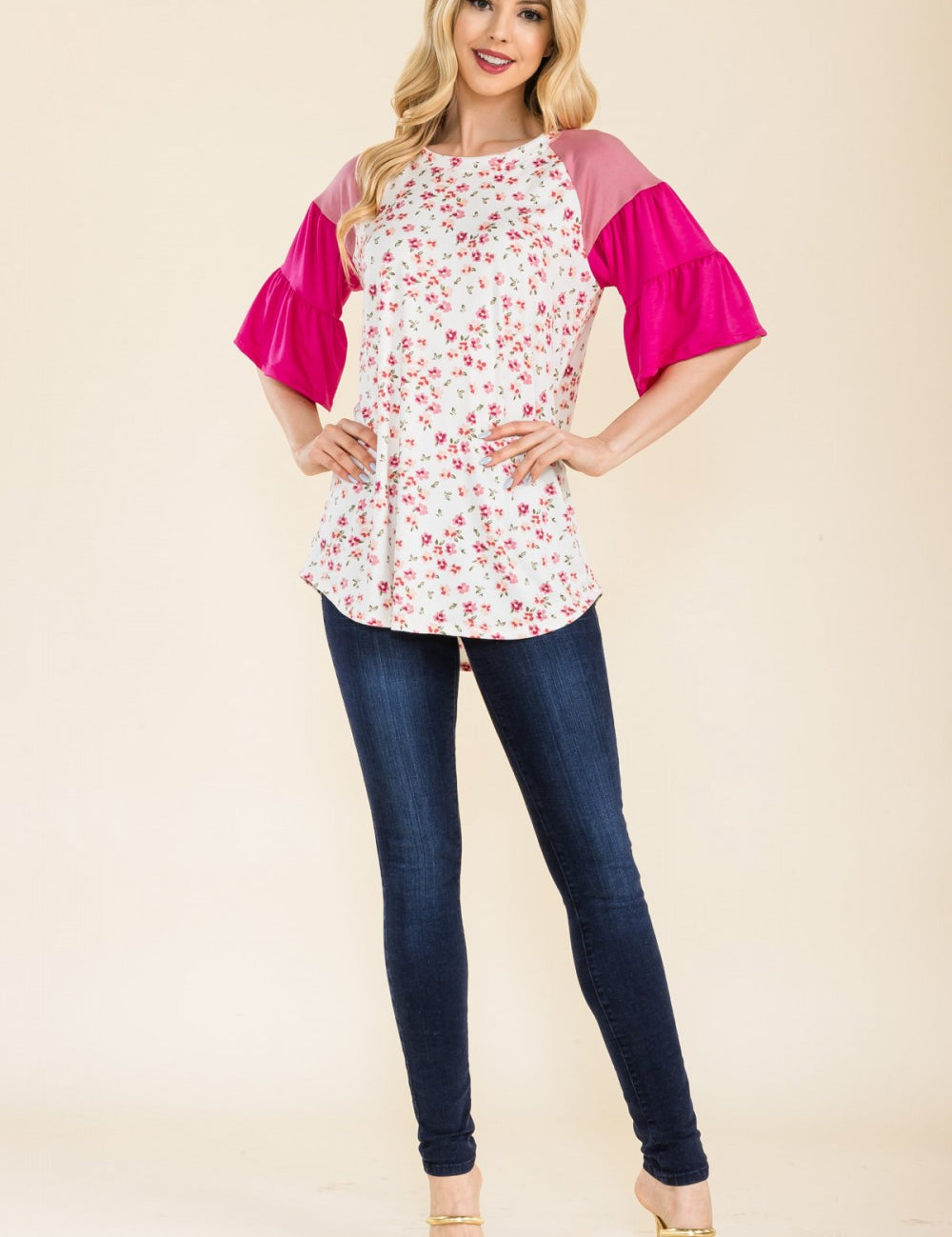 Floral Print Top With Contrasting Bell Sleeves - 2 Colors* FINAL SALE *