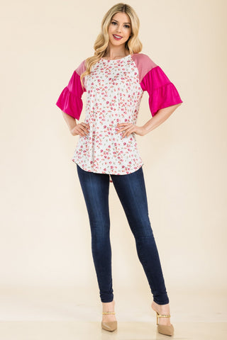 Floral Print Top With Contrasting Bell Sleeves - 2 Colors